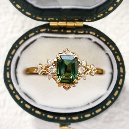 Vintage Fantasy Inspired Emerald Cut Green Lab Sapphire Engagement Ring