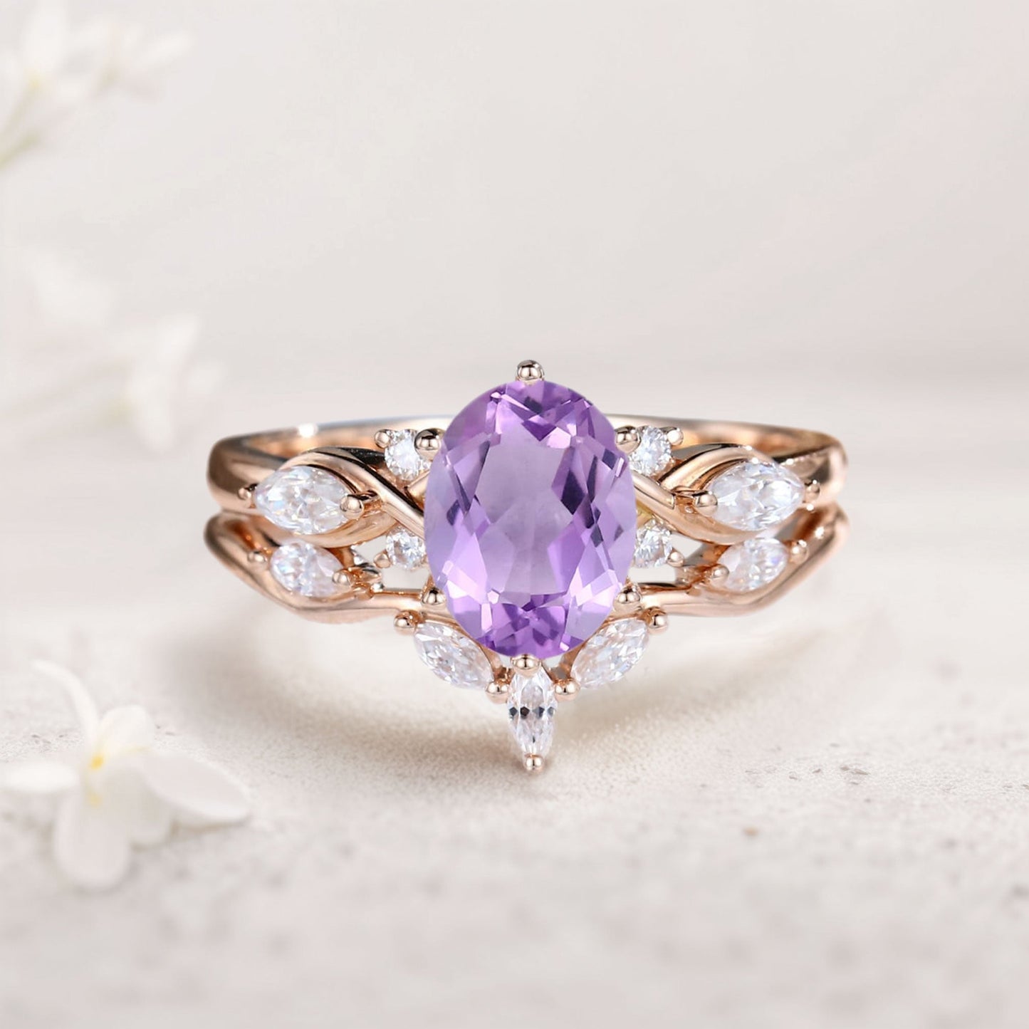 Vintage Oval Amethyst and Moissanite Curved Wedding Ring Set Bridal Ring Set