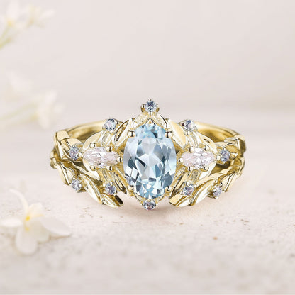 Unique floral engagement rings Oval Lab Aquamarine Flower Engagement Ring Set Delicate Aquamarine Leaf Wedding Ring Set
