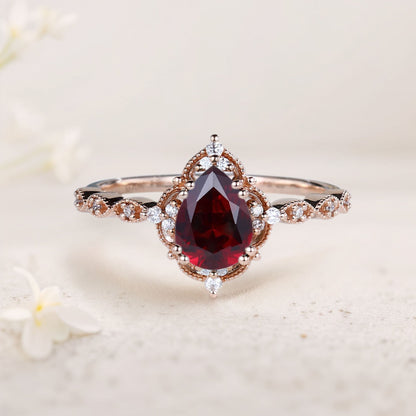 Vintage Pear Ruby Engagement Ring Bridal Ring