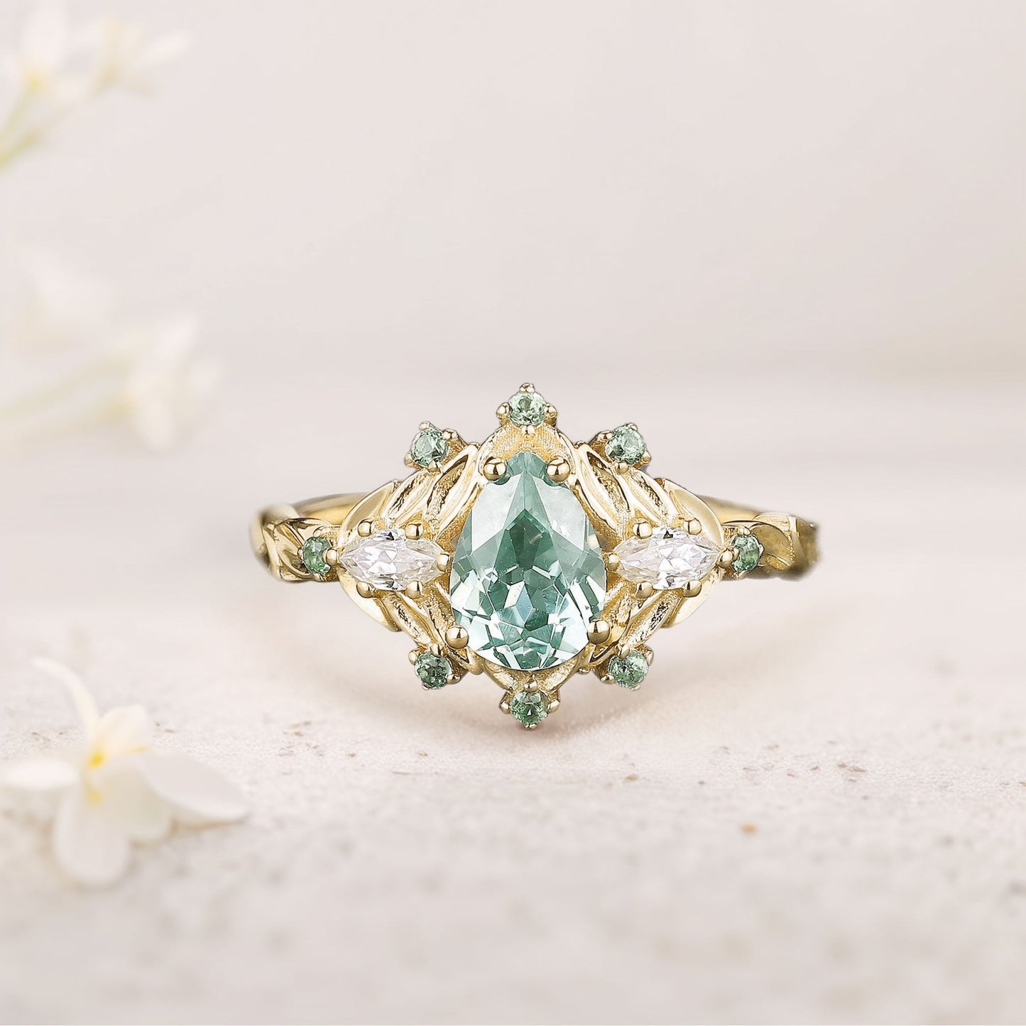 Vintage Pear Green Lab Sapphire Engagement Ring Cluster Bouquet Promise Ring