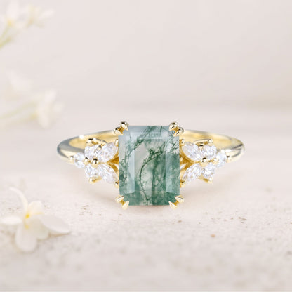 Vintage Emerald Cut Moss Agate Engagement Ring