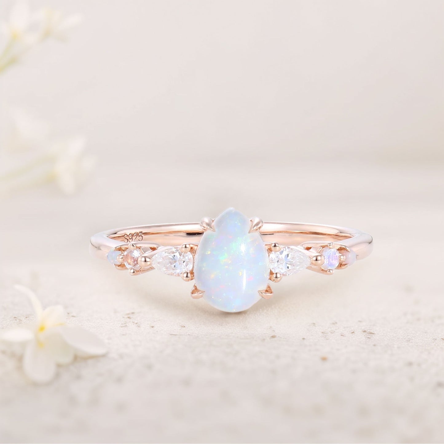 Vintage Pear Lab Opal and Moissanite Engagement Ring