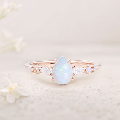 Vintage Pear Lab Opal and Moissanite Engagement Ring