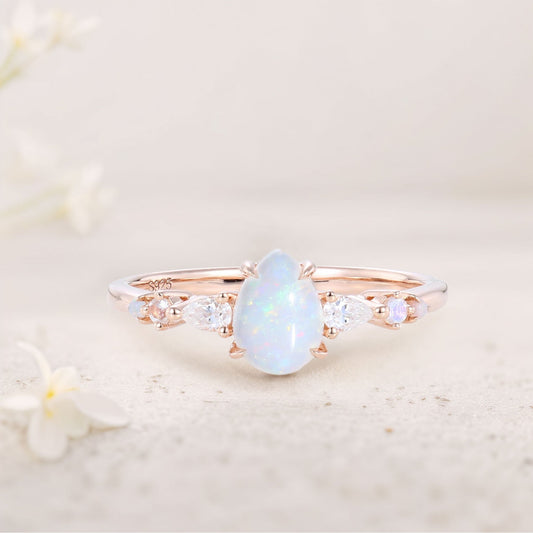 Vintage Pear Lab Opal and Moissanite Engagement Ring