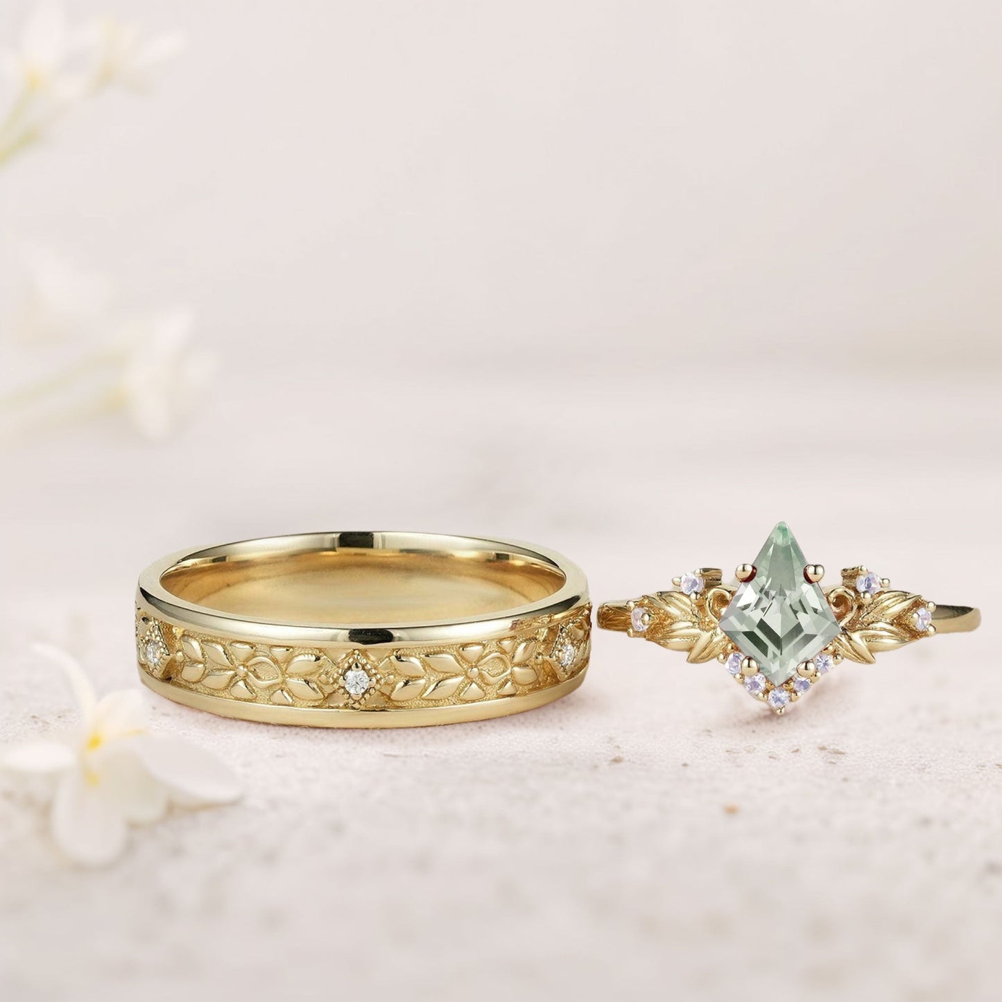 Vintage Kite Green Lab Sapphire Promise Ring Engagement Ring Set for Couples