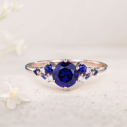 Unique Round Lab Sapphire Engagement Rings Cluster Promise Ring