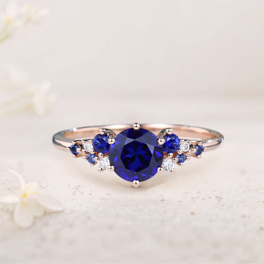 Unique Round Lab Sapphire Engagement Rings Cluster Promise Ring
