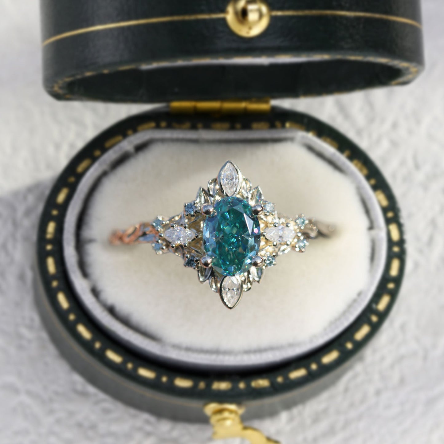 Unique Galadriel Oval Teal Moissanite Ring