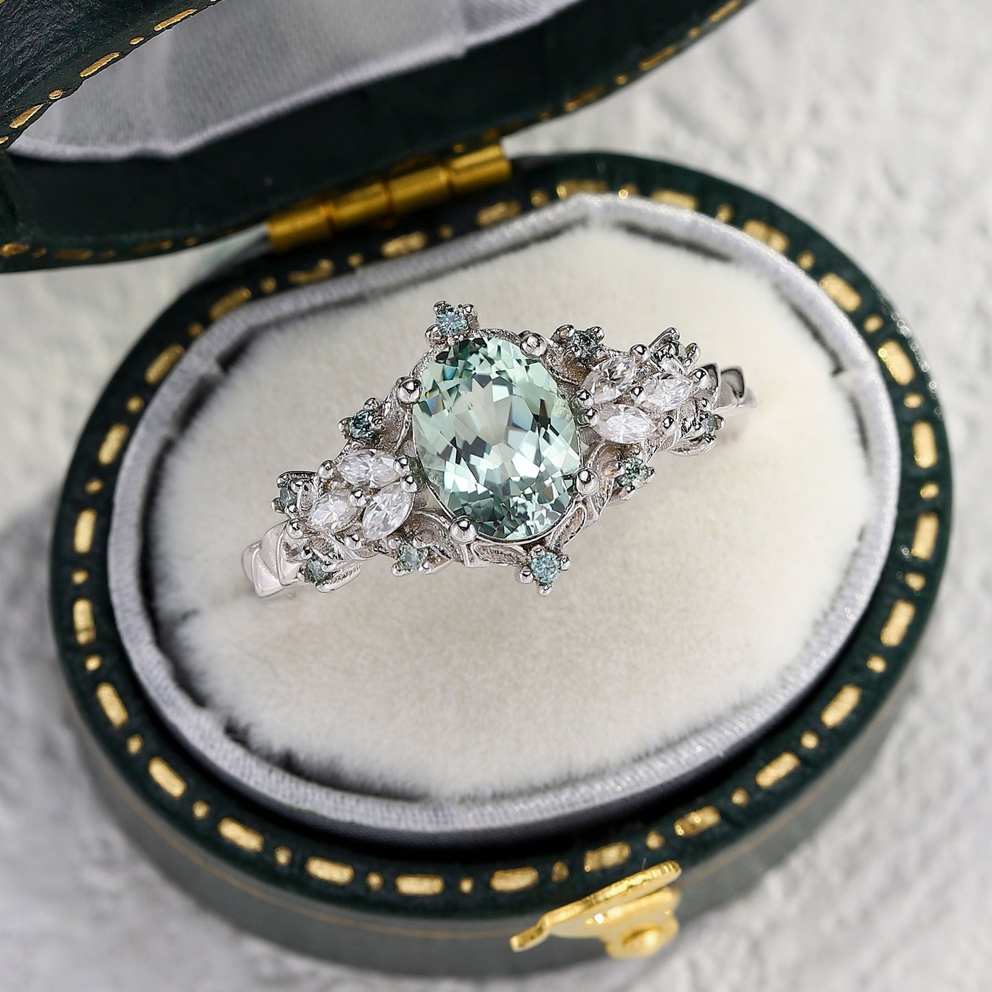 Unique Starlight Oval Green Lab Sapphire Engagement Ring