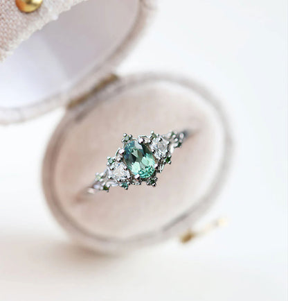 Unique Floral Rose Three Stone Oval Light Green Sapphire Ring