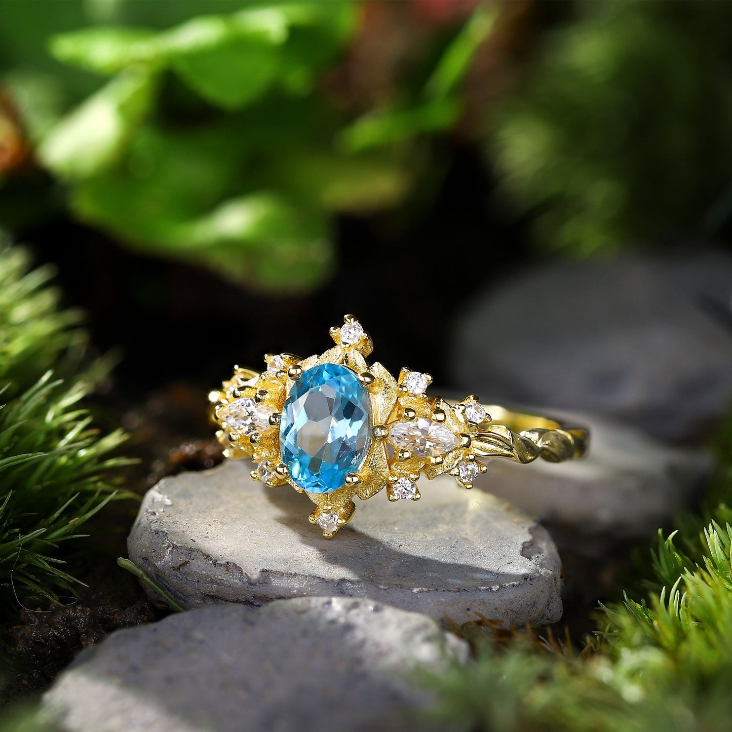 Unique Briar Rose Three Stone Oval Lab Topaz Ring