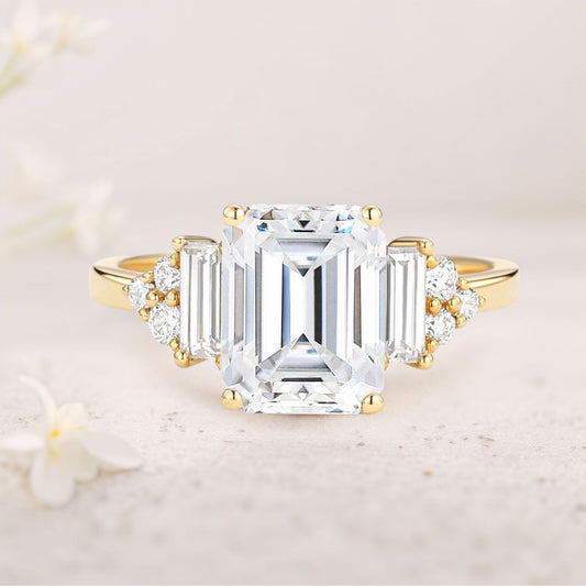 Unique Floral Three stone Emerald Cut Moissanite Engagement Ring