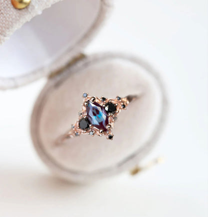Unique Floral Rose Marquise Lab Alexandrite and Black Moissanite Ring