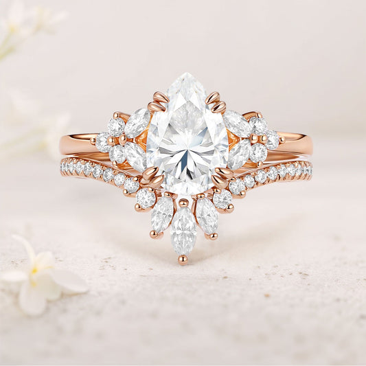 Unique Cluster Pear Moissanite Chevron Wedding Ring Set
