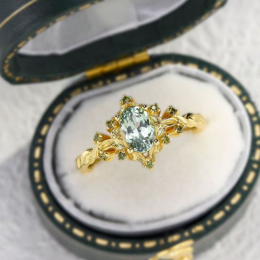 Unique Briar Rose Halo Oval Green Lab Sapphire Ring