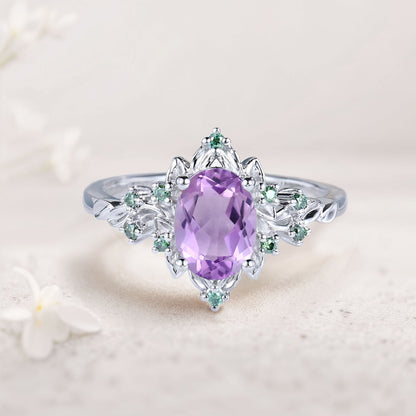Vintage Briar Rose Halo Oval Amethyst Engagement Ring Olive Leaves Ring