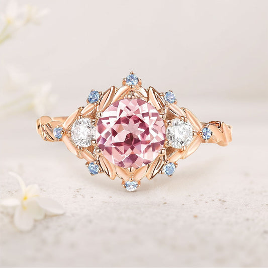 Unique Round Pink Lab Sapphire engagement ring leaf wedding ring