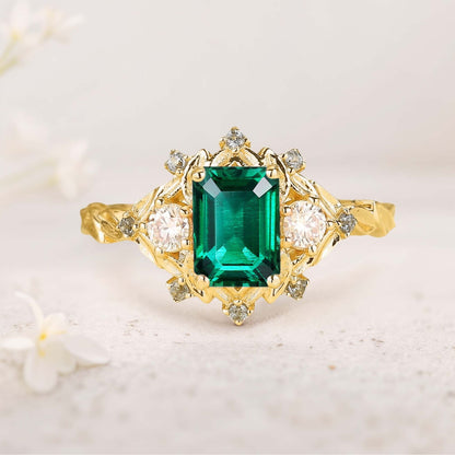 Vintage floral engagement rings Three Stone Lab Emerald Engagement ring Fairy ring