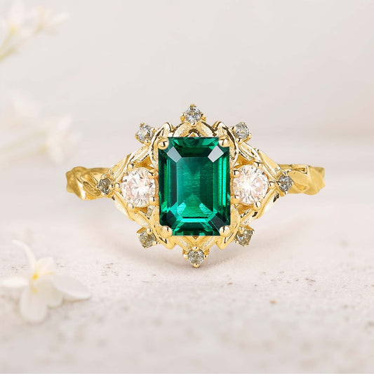 Vintage floral engagement rings Three Stone Lab Emerald Engagement ring Fairy ring