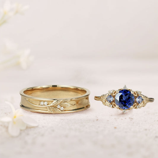 Unique Round Lab Sapphire Promise Ring Engagement Ring Set for Couples