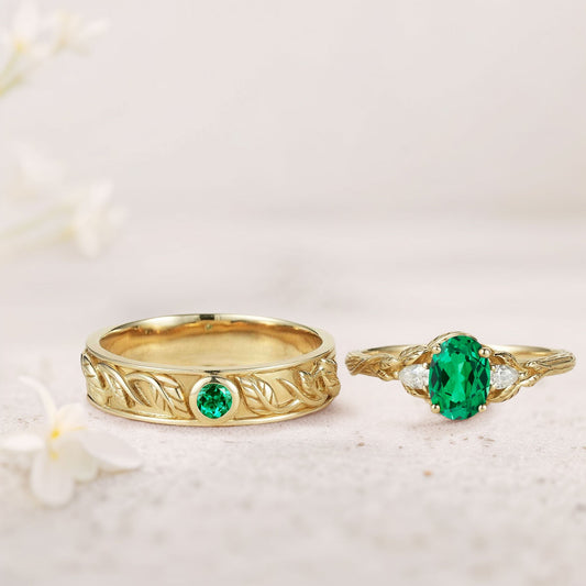 Unique Leaf Design Oval Lab Emerald and Moissanite Wedding Ring Promise Ring for Couples