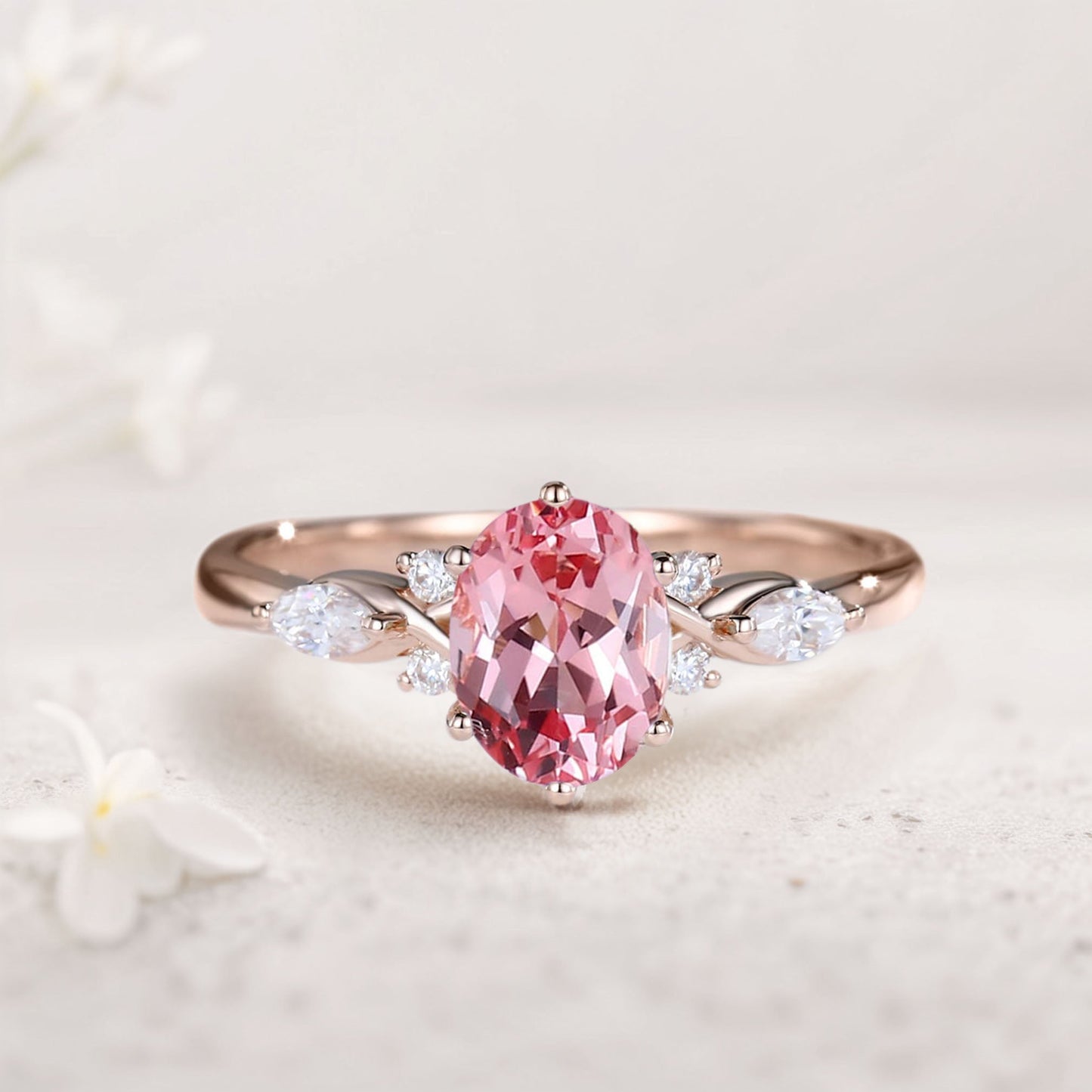 Vintage Oval Lab Padparadscha and Moissanite Engagement Ring