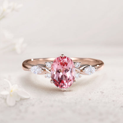Vintage Oval Lab Padparadscha and Moissanite Engagement Ring
