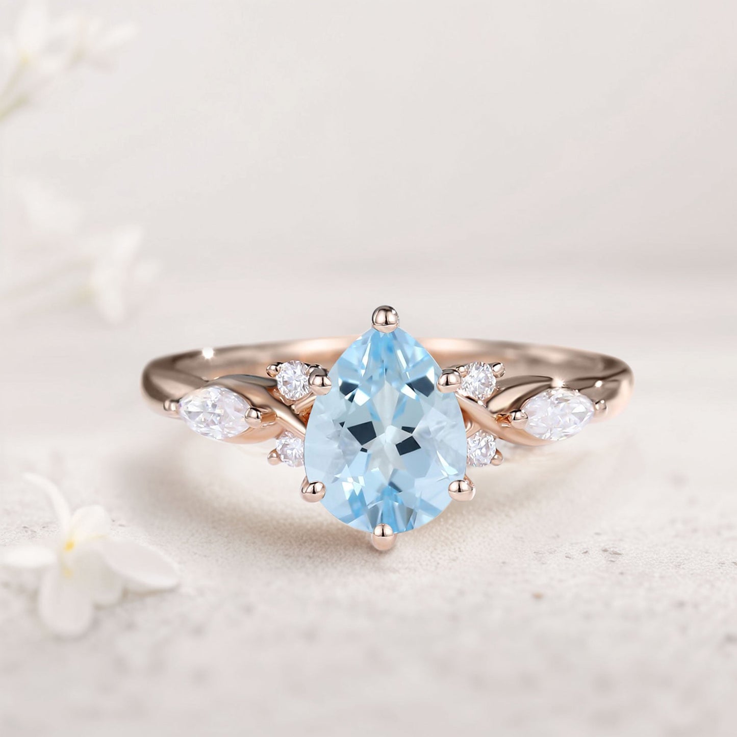 Vintage Pear Lab Aquamarine and Moissanite Split Shank Engagement Ring