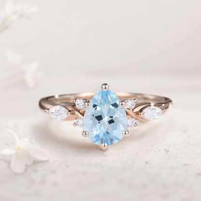 Vintage Pear Lab Aquamarine and Moissanite Split Shank Engagement Ring