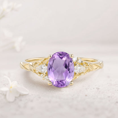 Unique Oval Amethyst and Moissanite Wedding Ring