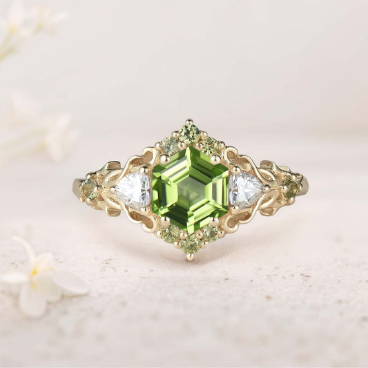 Unique Floral Three Stone Hexagon Peridot Leaf Ring