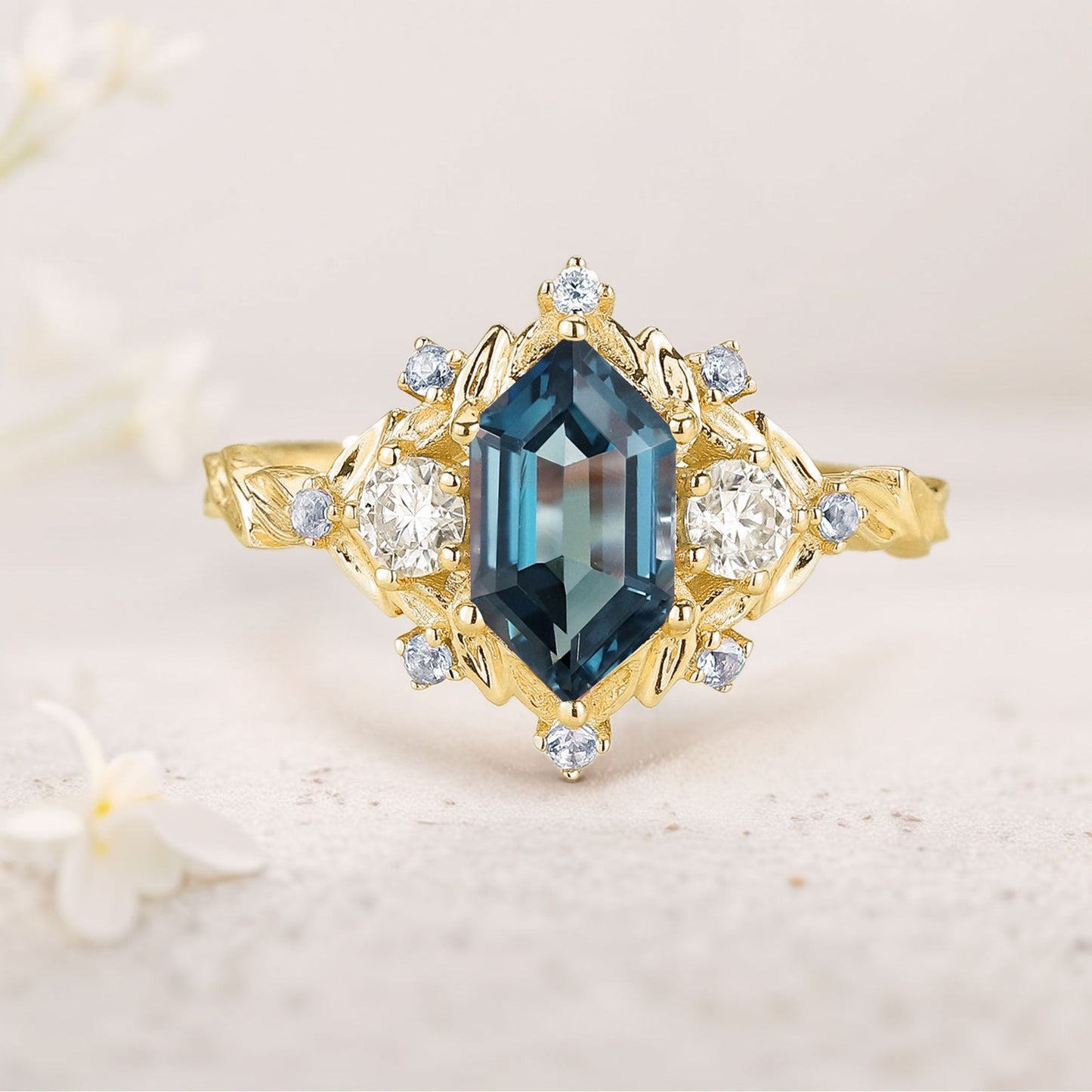 Unique floral engagement rings Long Hexagon Lab Topaz Engagement Ring Flower Leaf Design Topaz Cluster Promise Ring