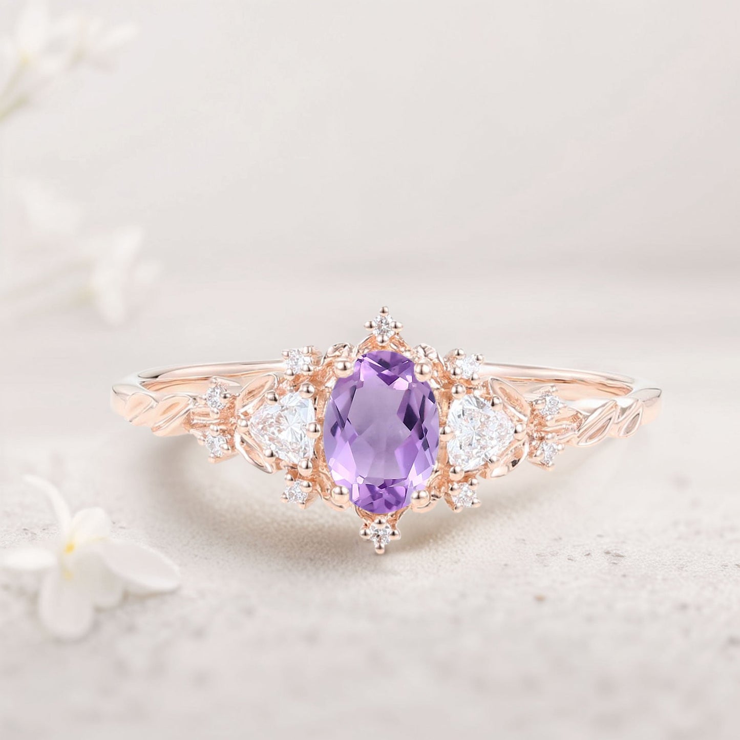 Vintage Briar Rose Oval Amethyst Olive Leaves Engagement Ring