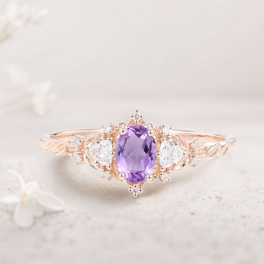 Vintage Briar Rose Oval Amethyst Olive Leaves Engagement Ring