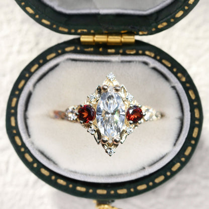 Unique Briar Rose Three Stone Marquise Moissanite and Lab Ruby Ring