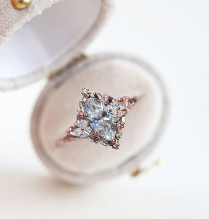 Unique Celeste Rose Starlight Marquise Moissanite and Pink Sapphire Ring