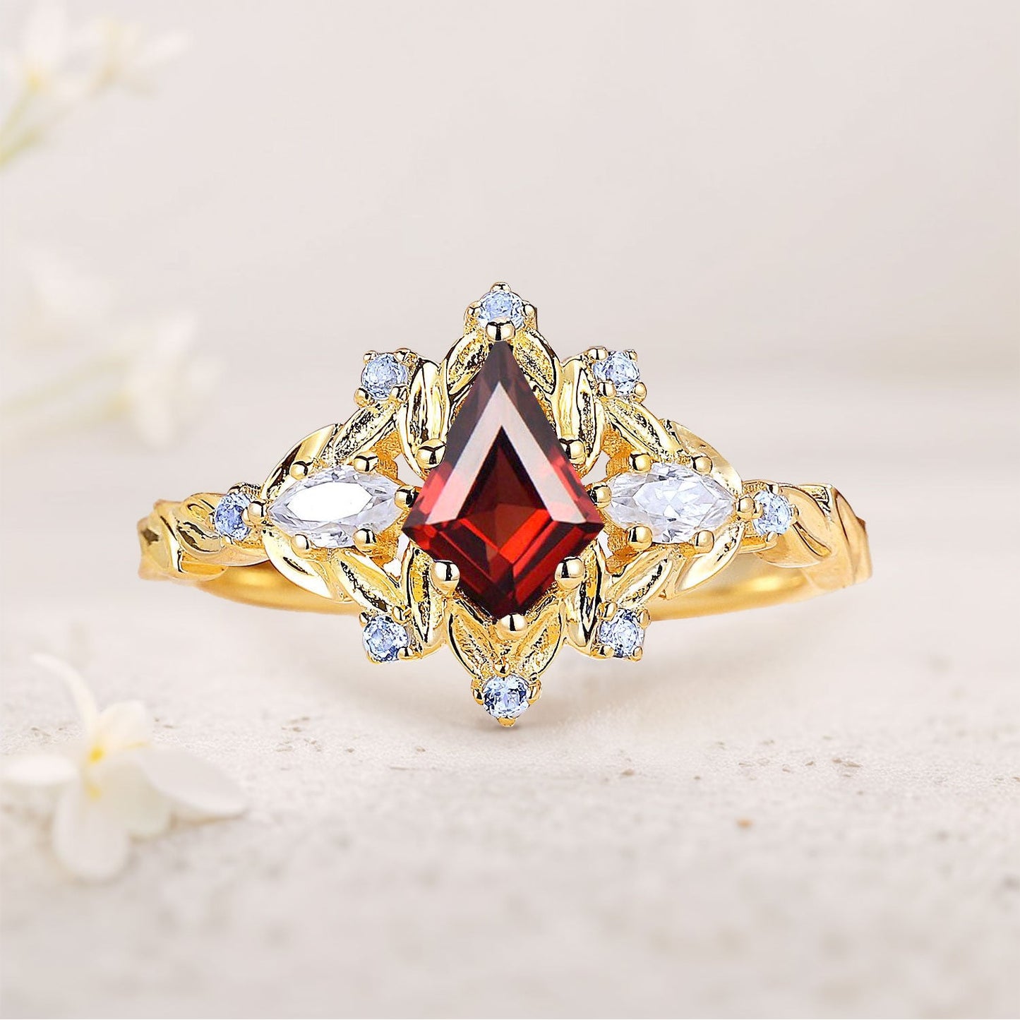 Unique Unique Kite Lab Ruby Floral Engagement Ring Sapphire Halo Women Leaf Wedding Ring