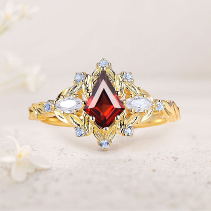 Unique Unique Kite Lab Ruby Floral Engagement Ring Sapphire Halo Women Leaf Wedding Ring