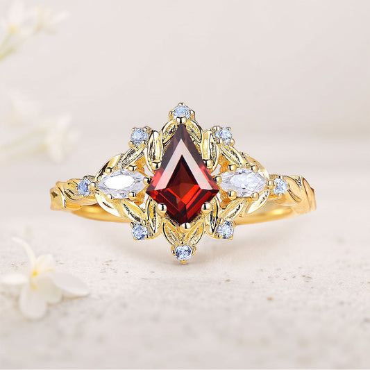 Unique Unique Kite Lab Ruby Floral Engagement Ring Sapphire Halo Women Leaf Wedding Ring