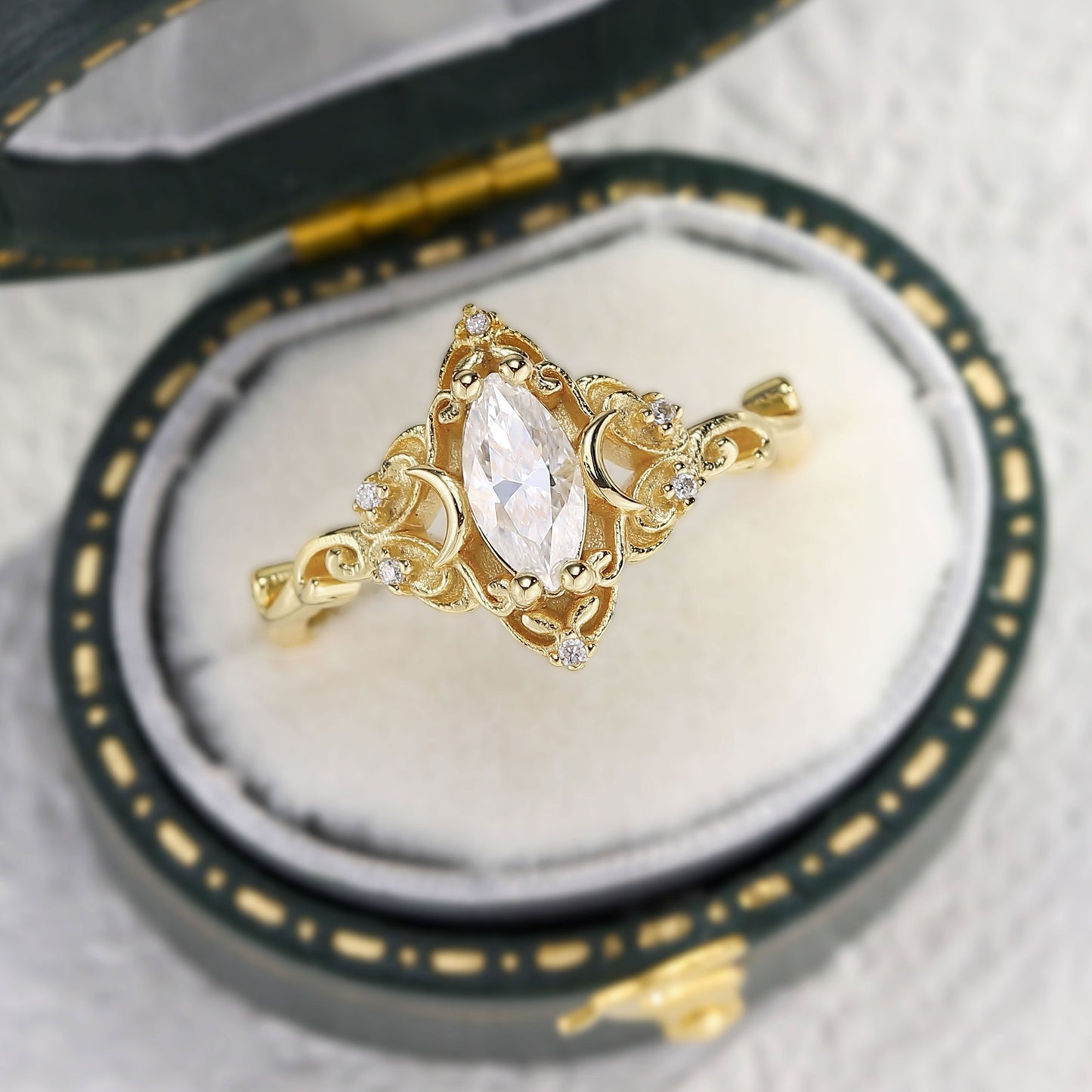 Unique Aurora Moon Marquise Moissanite Ring