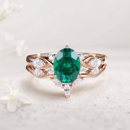Vintage Oval Lab Emerald and Moissanite Curved Wedding Ring Set Bridal Ring Set