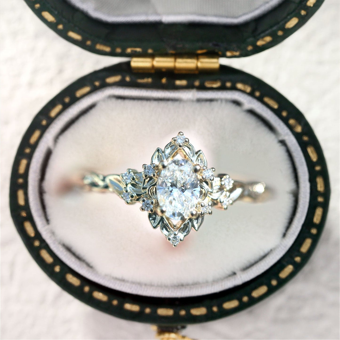 Unique Briar Rose Halo Oval Oval Moissanite Ring