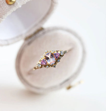 Unique Floral Rose Three Stone Oval Lab Grey Spinel and Ruby Ring