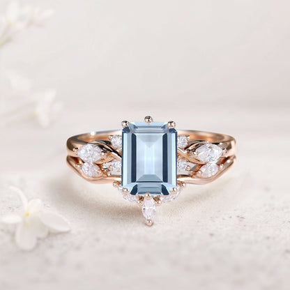 Unique Emerald Shaped Lab Aquamarine Wedding Ring Set Bridal Ring Set