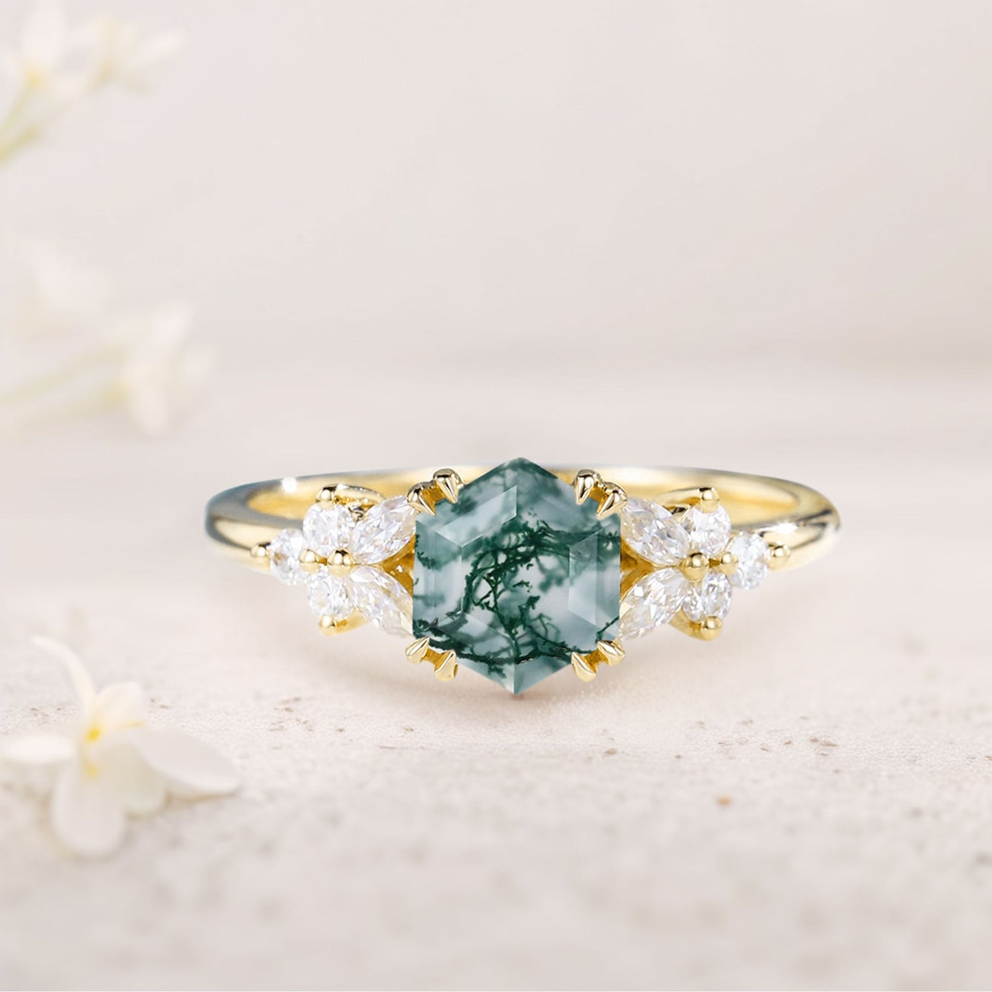 Unique Hexagon Moss Agate Simple Engagement Ring