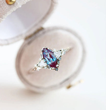 Unique Floral Rose Three Stone Marquise Lab Alexandrite Ring