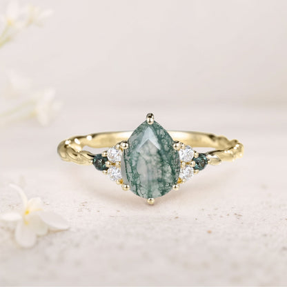 Vintage Pear Moss Agate Twisted Engagement Ring