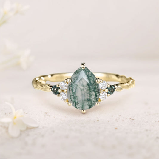 Vintage Pear Moss Agate Twisted Engagement Ring