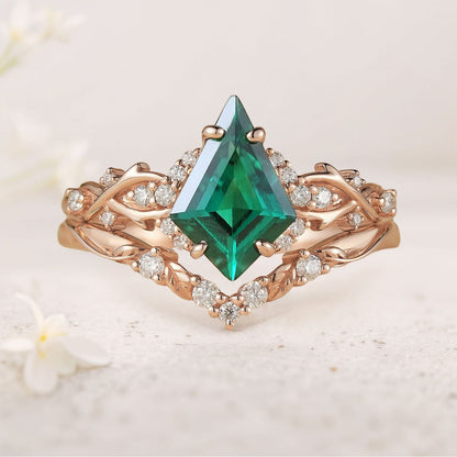 Unique Twig Kite Lab Emerald and Moissanite Bridal Ring Set